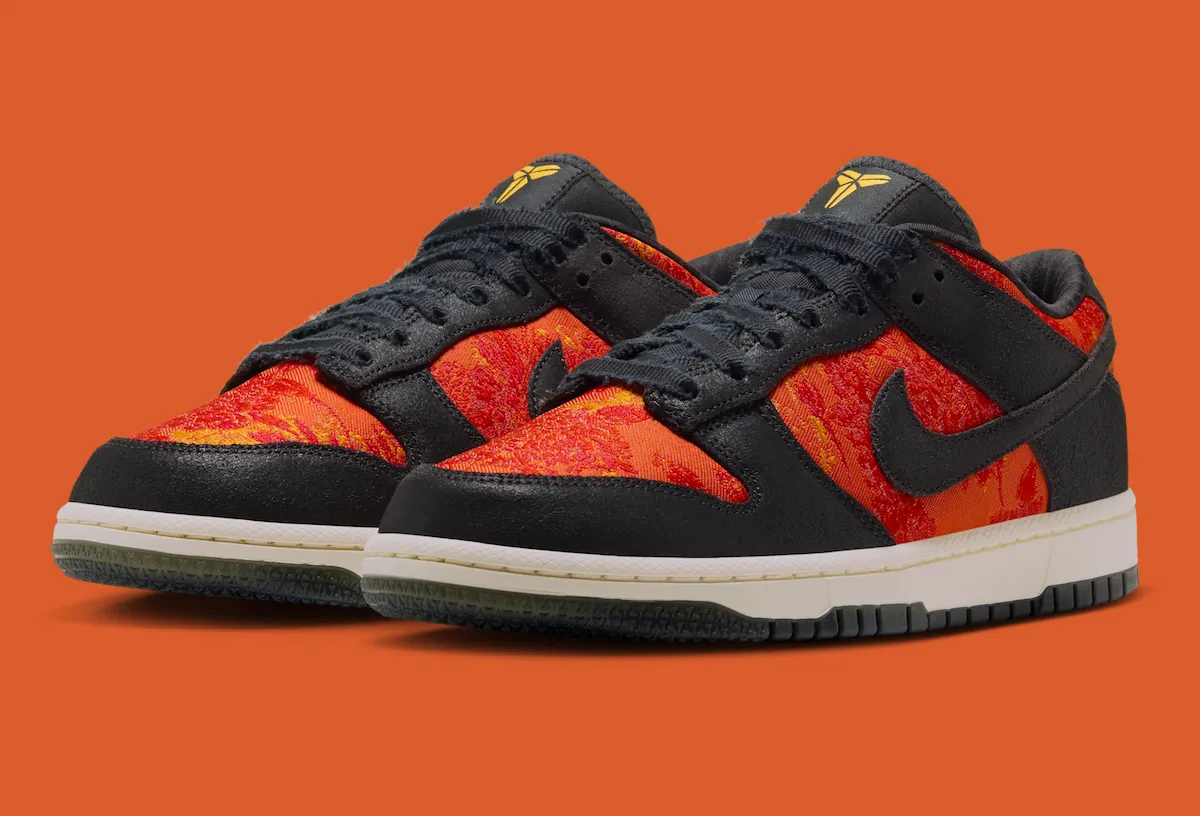 Nike Kobe Dunk Low Protro Mamba Eterno IQ3922-001 オレンジと赤の花柄に黒いパネルを重ねた外観